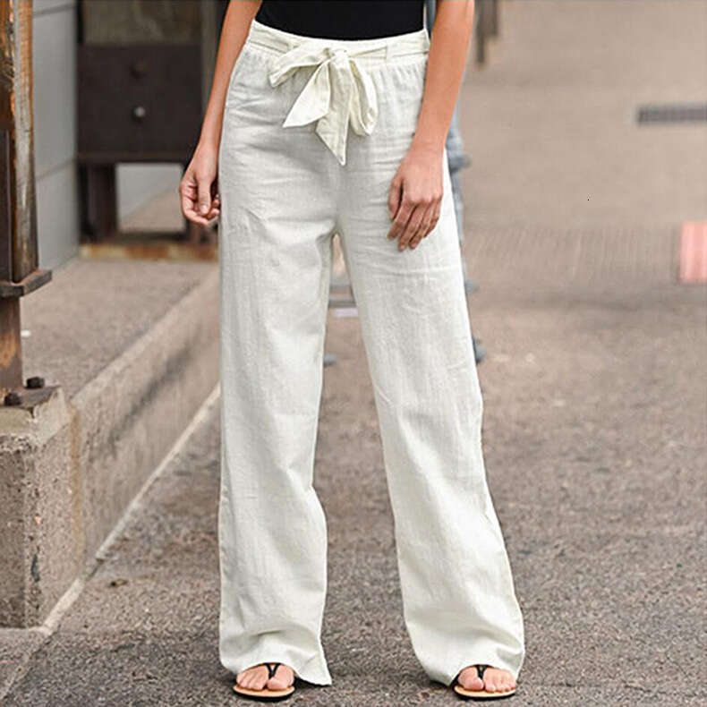 2024 New Women's Summer Elastic Waist Solid Color Cotton and Hemp Belt Wide Leg Loose Pants