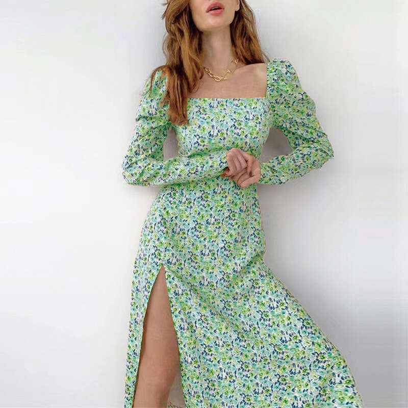 2023 Spring/Summer Bohemian Sleeve Split Dress, Youthful and Sweet Daisy Printed Long Dress