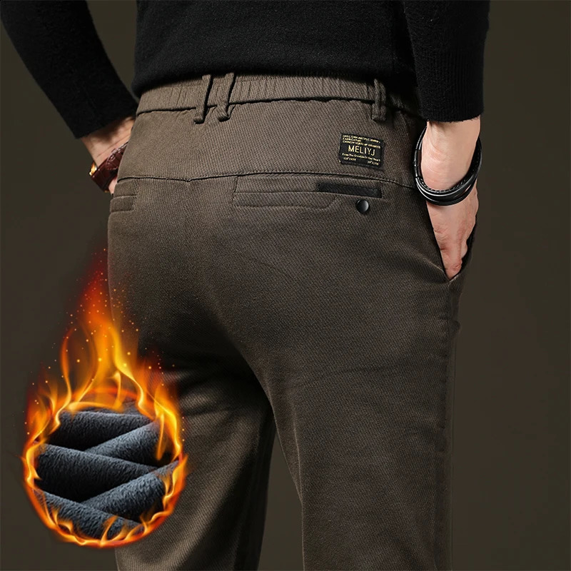 clothing winter wool warm casual pants mens cotton elastic waist brown gray diagonal work ultrathin flocking goods 240905