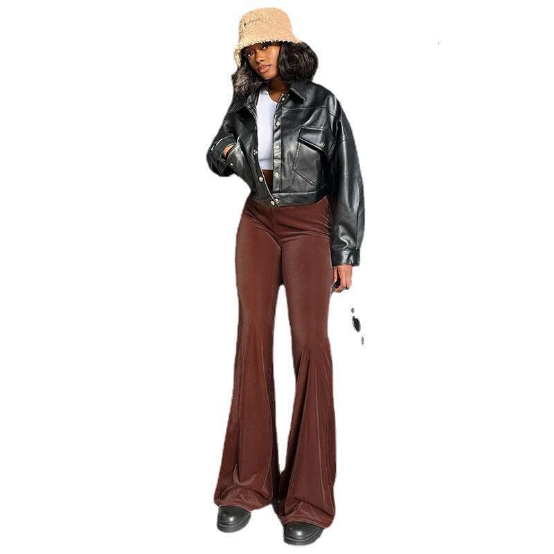2024 Spring New Solid Color Velvet Elastic High Waist slimming casual micro flared for women's fashion pants