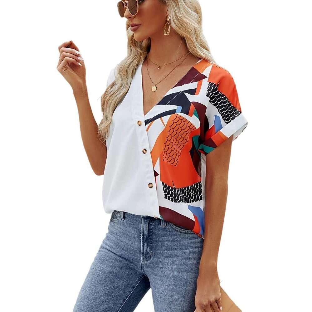 2024 Women's Spring/Summer New V-neck Geometric Printed Shoulder Loose Chiffon Sweater
