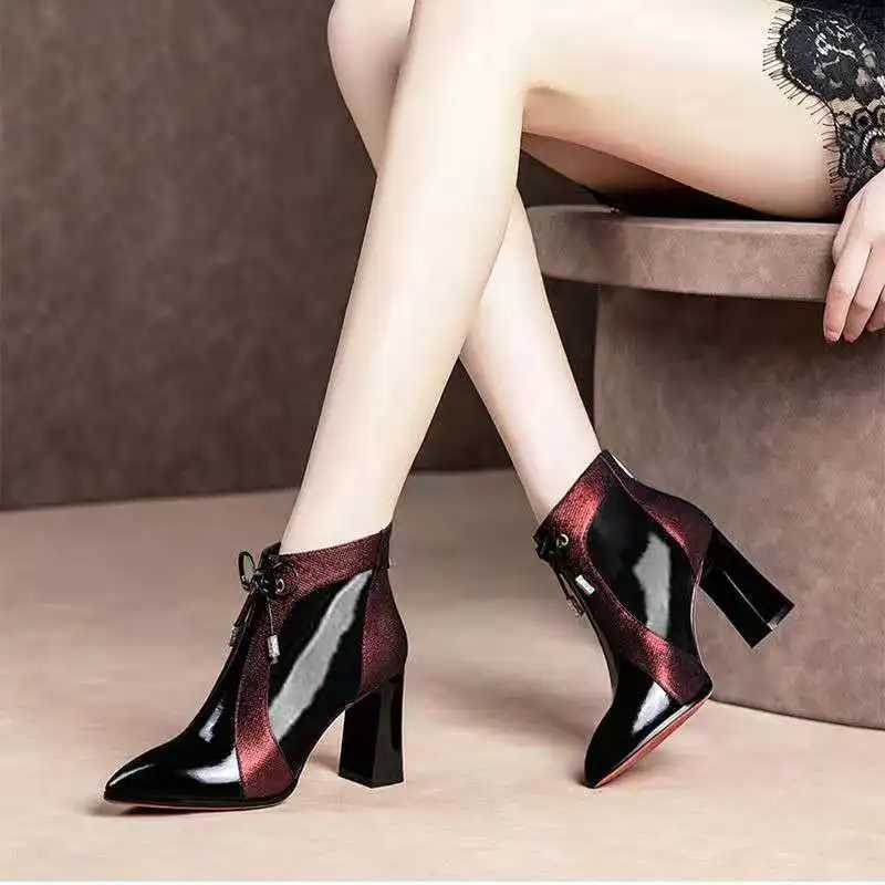 Womens high-heeled ankle boots autumn and winter shoes womens boots angular toes mixed color short Botas blue wine red down jacket CL240906