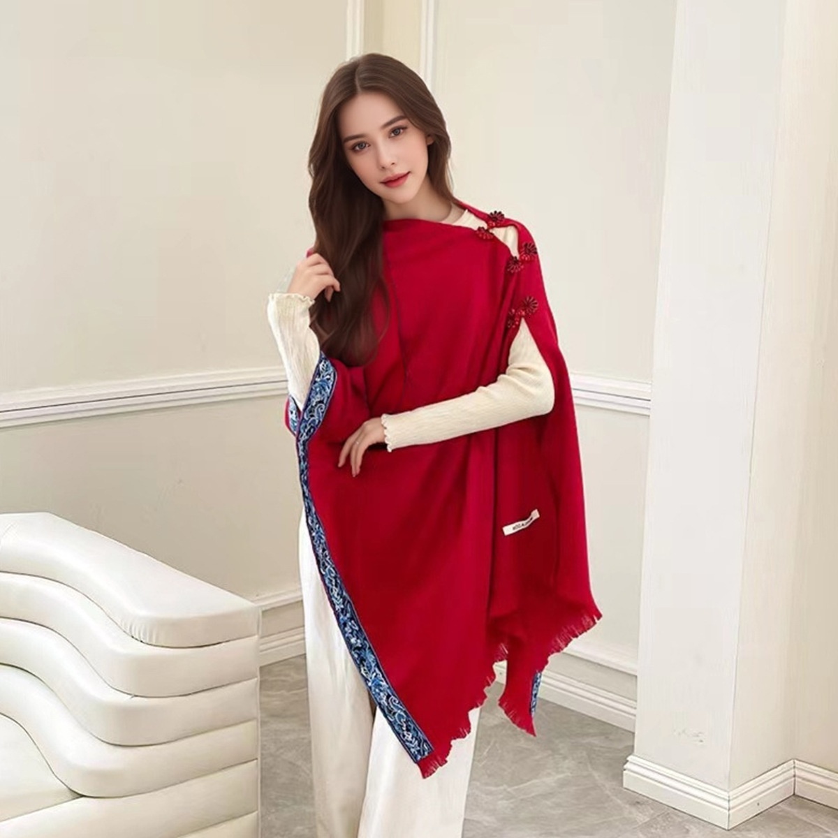 New ethnic style shawl with antique style buckle, multifunctional embroidery, warm and fashionable imitation cashmere shawl scarf