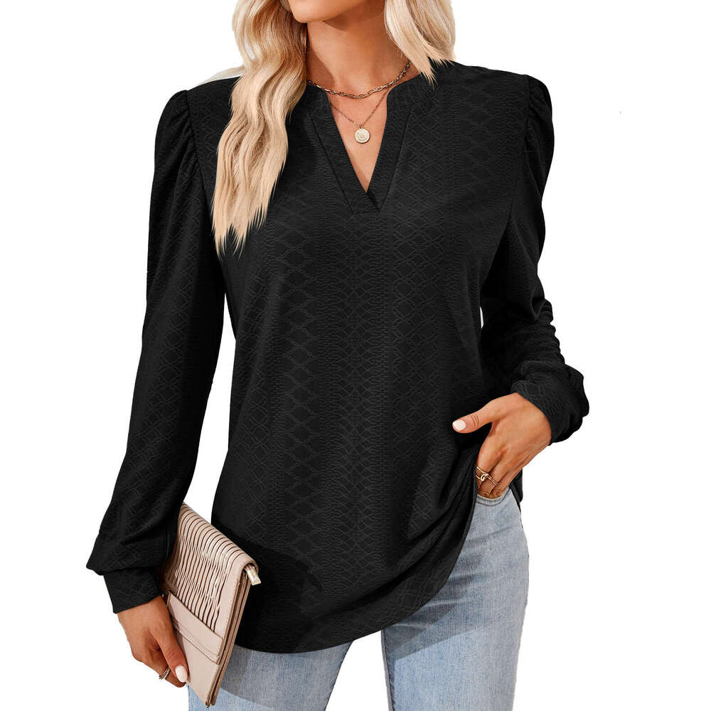 2024 Autumn/Winter New Solid V-Neck Jacquard Long Sleeve Loose T-shirt Top for Women