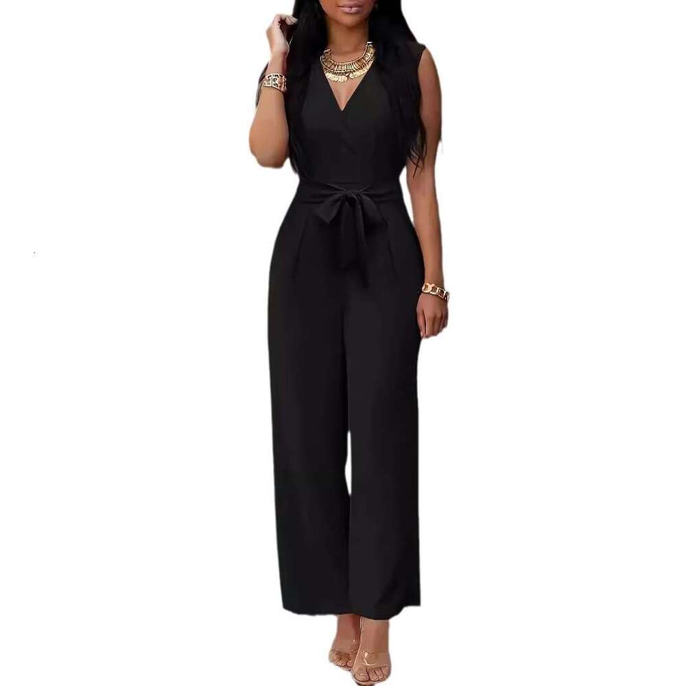 2024 Spring/Summer Women's New V-neck Wide Leg Sleeveless waist belt jumpsuit Female 0