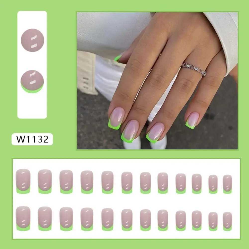 Rectangular False Nail French Green Yellow Edge False Neil Full Cover Detachable Pressing Female Nail W240905