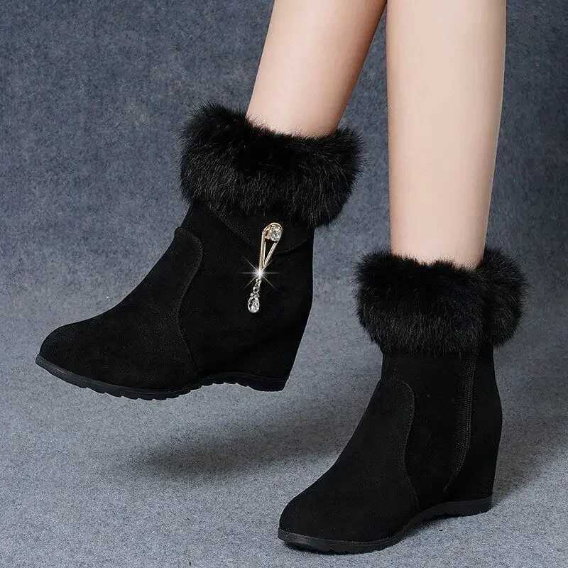 Winter Fashion Womens Wedge Ankle Boots Increase Height Shoes High Heels Metal Rhinestone Botas Mujer 2024 CL240906