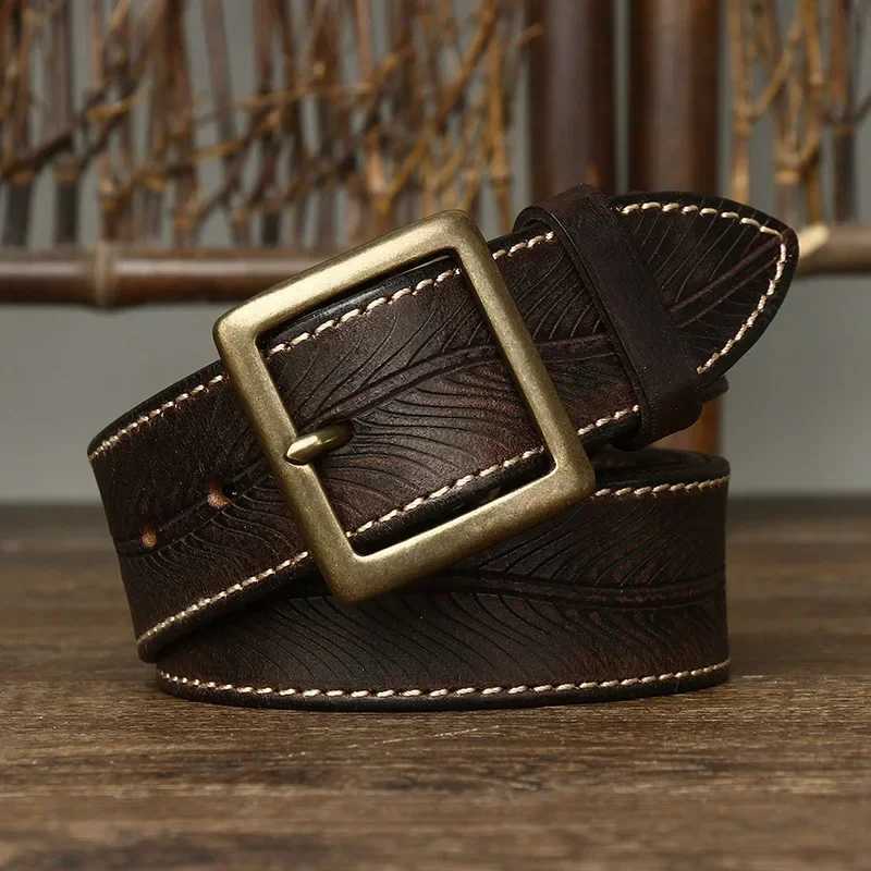 High quality genuine leather belt brass buckle fashionable retro jeans denim belt designer carved belt mens 3.8cm W240905