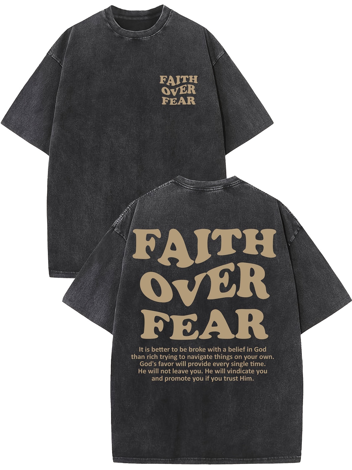 Faith Over Fear Casual T-shirt Vintage Washed Street Monogrammed Cotton T-shirt Mens T-shirt Made Of Old Dark Wind Streetwear Drop-shoulder Sleeve Rou