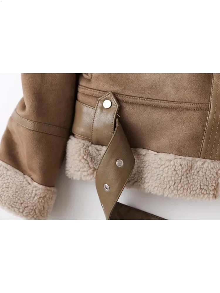 Womens faux fur sheepskin coat suede jacket with belt casual thick warm bicycle zipper oversized leather windproof 240905