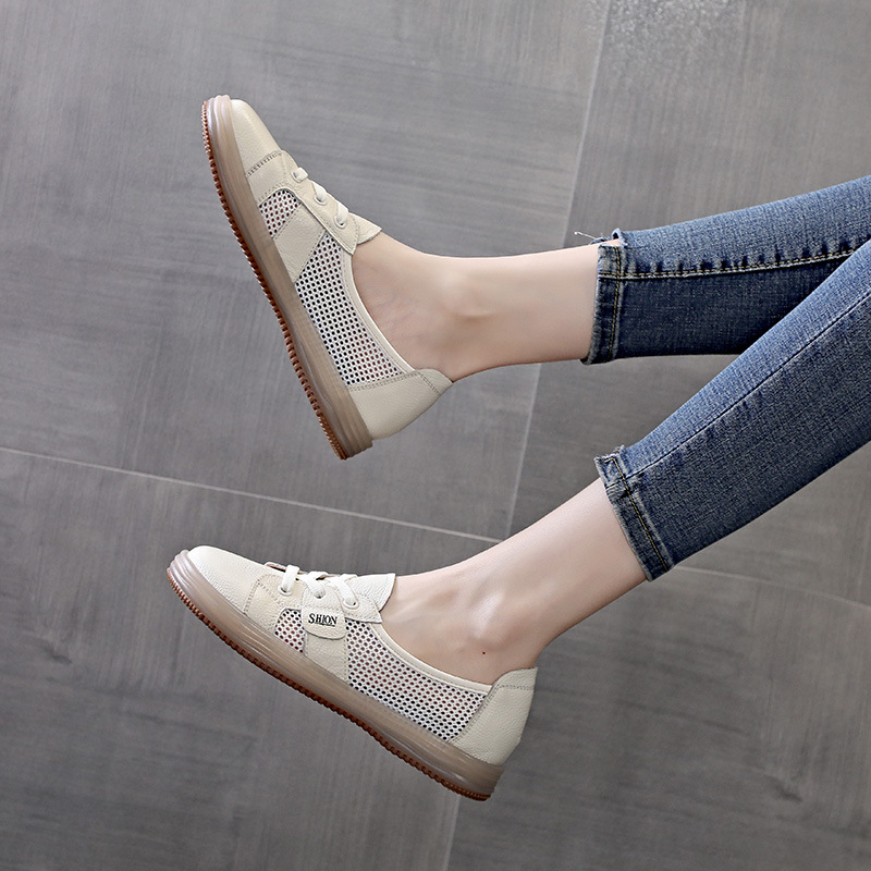Head layer cowhide small white board shoes female breathable shallow mouth 2024 cow reinforced soft bottom anti-odour a stirrup single shoes female