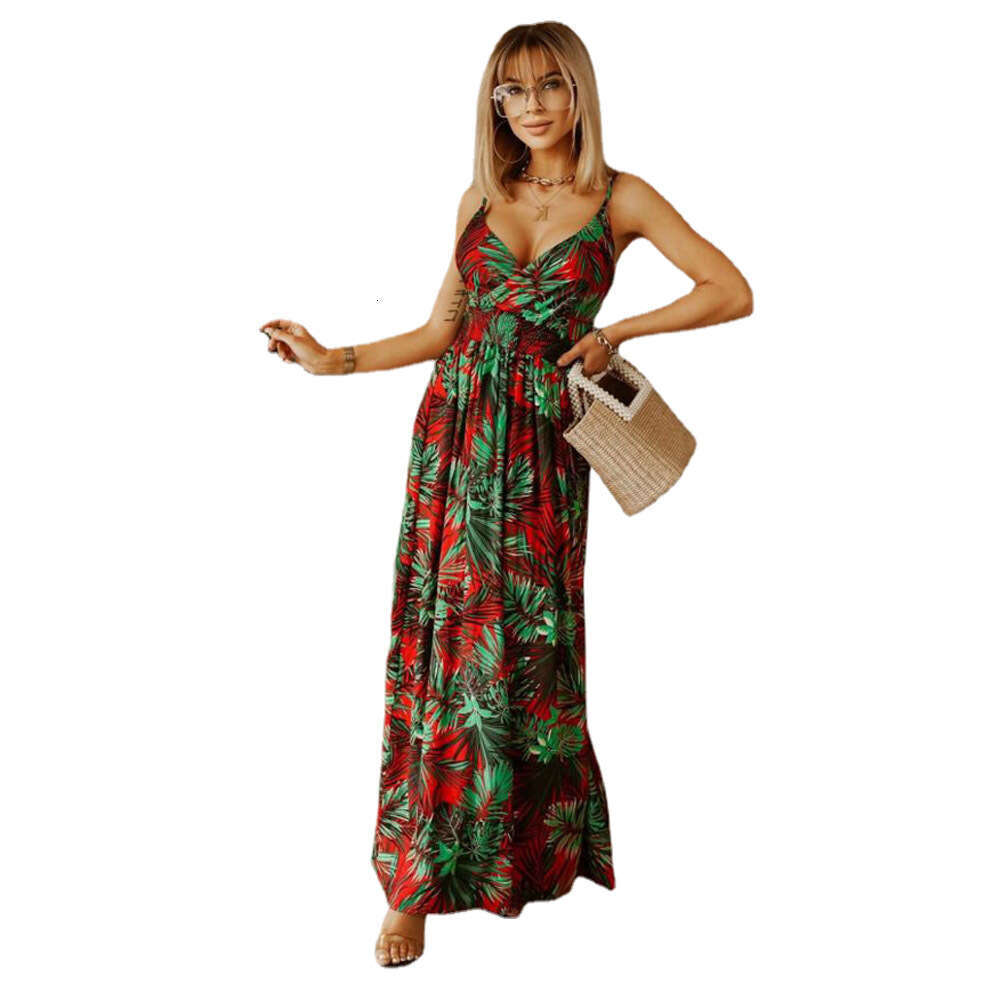 2023 Spring/Summer New V-neck Sleeveless Suspended Strap Printed Bohemian Long Dress