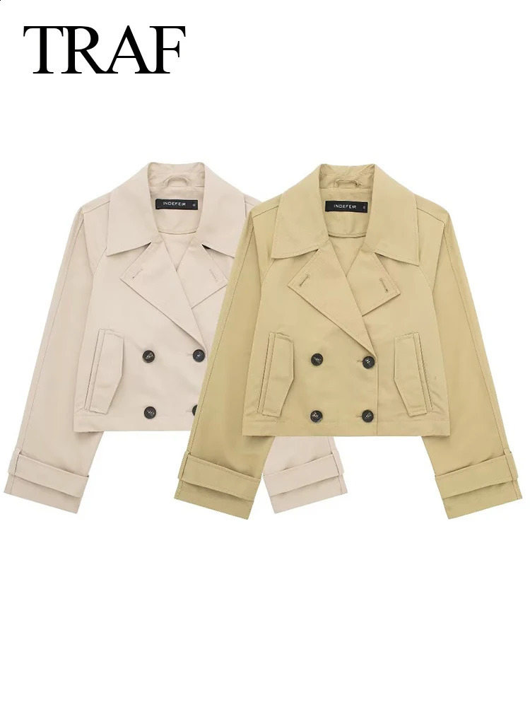 TRAF Womens Retro Windproof Jacket Solid Color Double Chest Spring Casual Short Sweet Trench 240902