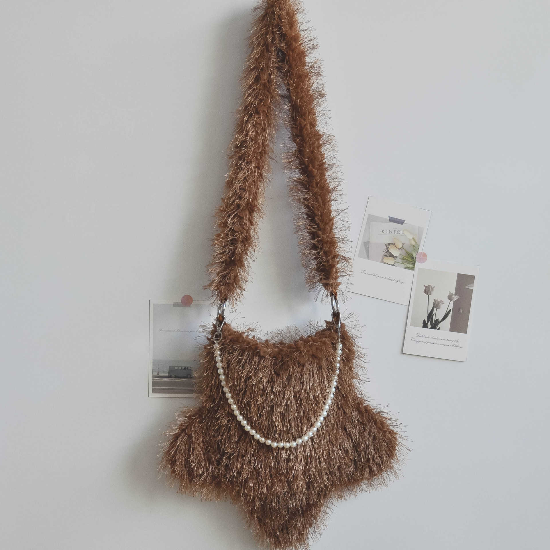 autumn winter plush bag, women's tassel, kapok flower, cute pentagonal star, pearl chain, crossbody bag, shoulder bag 240915