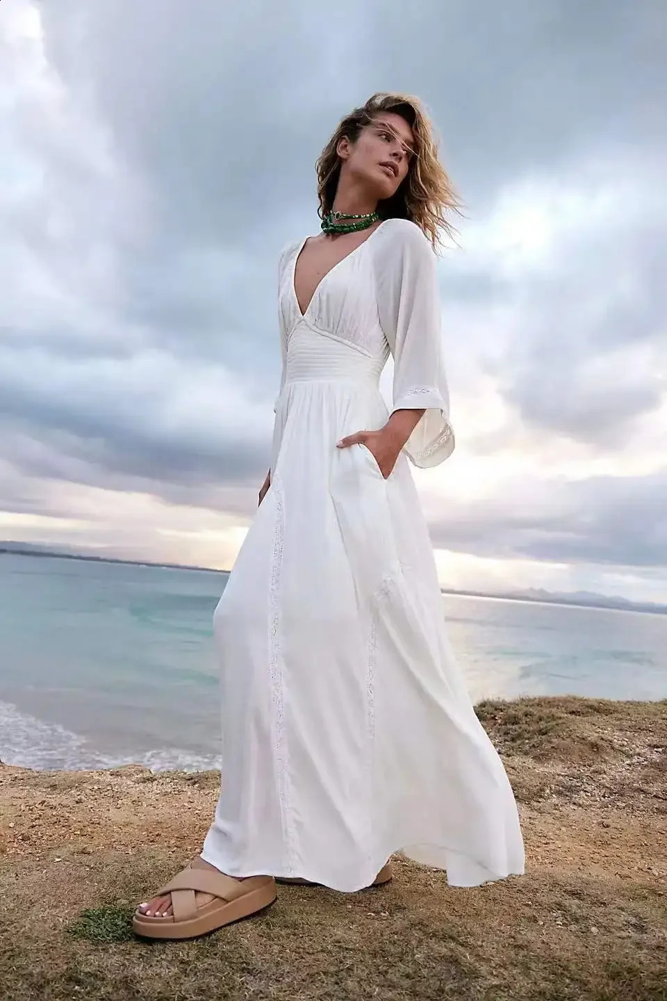 Arrival Solid Color Long Beach Dress Sexy V-neck High Waist Chiffon Dress Flame Sleeves Summer Vestidos Sleeveless 240906