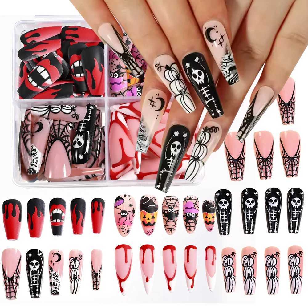 96 Halloween items pressed on almond and coffin blood red nails with skeleton fake nail design and fully covered artificial fake nails W240905