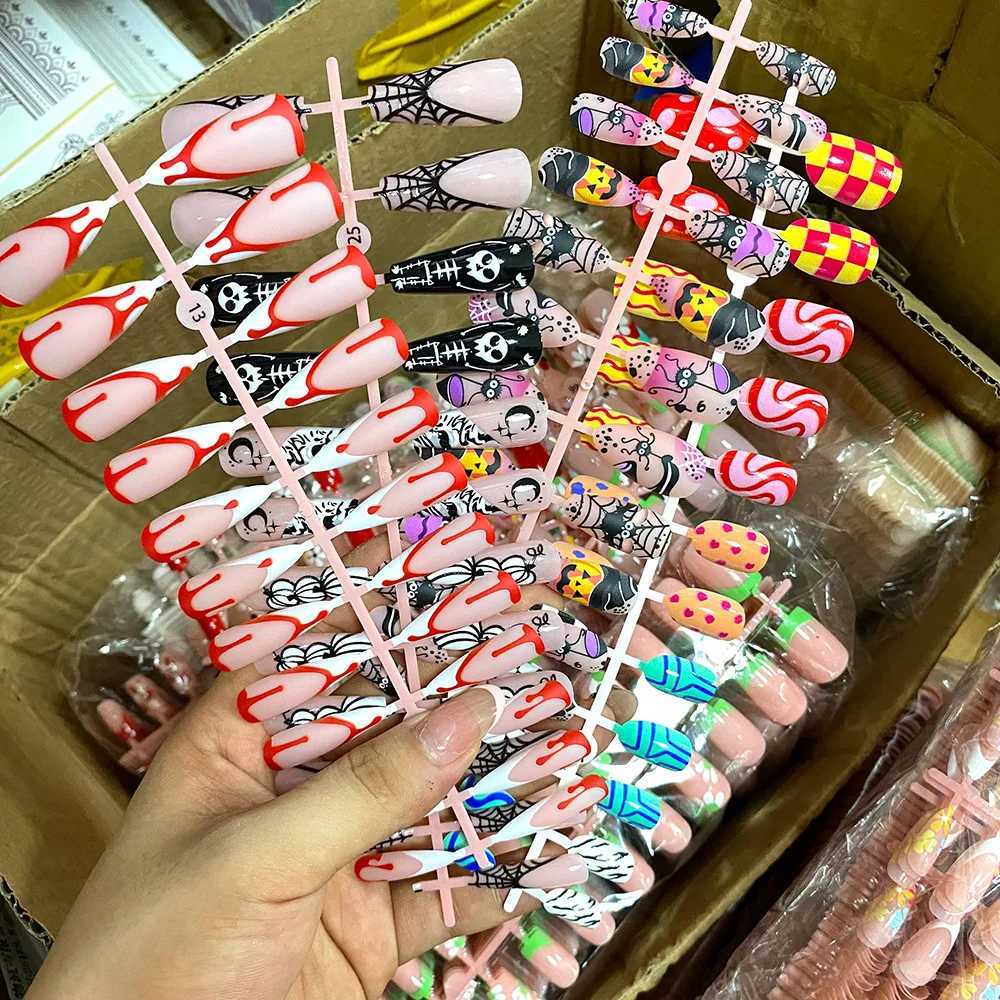 96 Halloween items pressed on almond and coffin blood red nails with skeleton fake nail design and fully covered artificial fake nails W240905