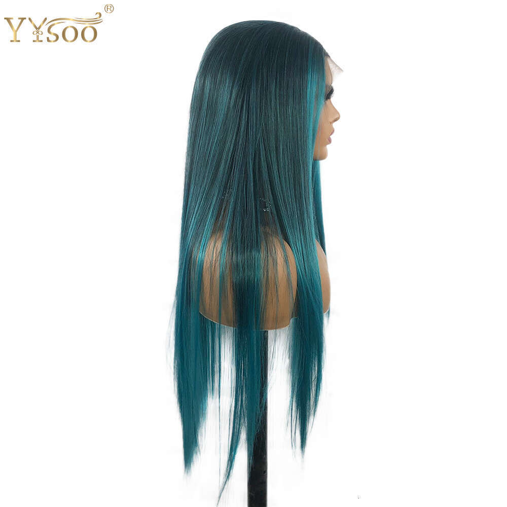 Yysoo Long Blue Mixed Color Futura Synthetic 13X4 Lace Front Wig Pre Plucked Highlights Glueless Silky Straight Wigs For Women