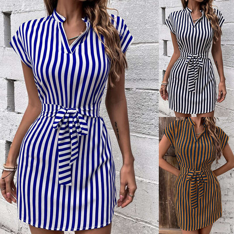 2024 Spring/Summer New OZON Women's Sleeveless Stripe Lace up Dress