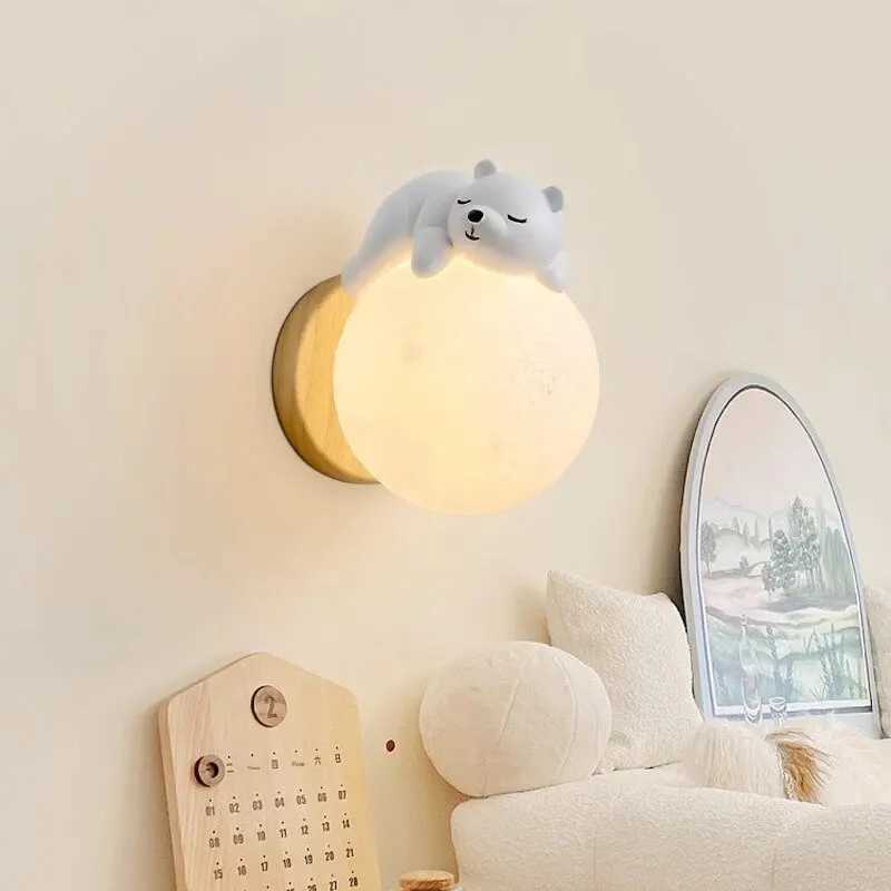 Bedroom Wall Light Modern Creative Sleep Bear Moon Bedroom Environment Night Light Boys and Girls Room Wall Light W240816