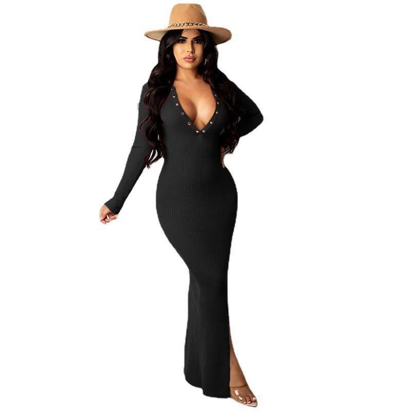 2023 new autumn, spring, and winter fashion for women's clothing, slim fit, concealed button, lapel, backless, sleeved, slit, long skirt