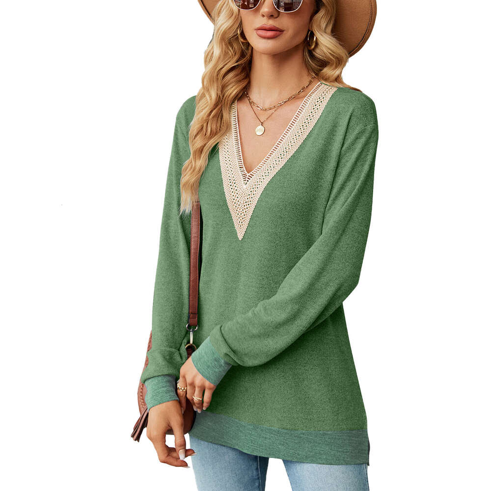 2024 Autumn/Winter Lace V-Neck Contrast Split Loose Sleeve T-shirt Top for Women