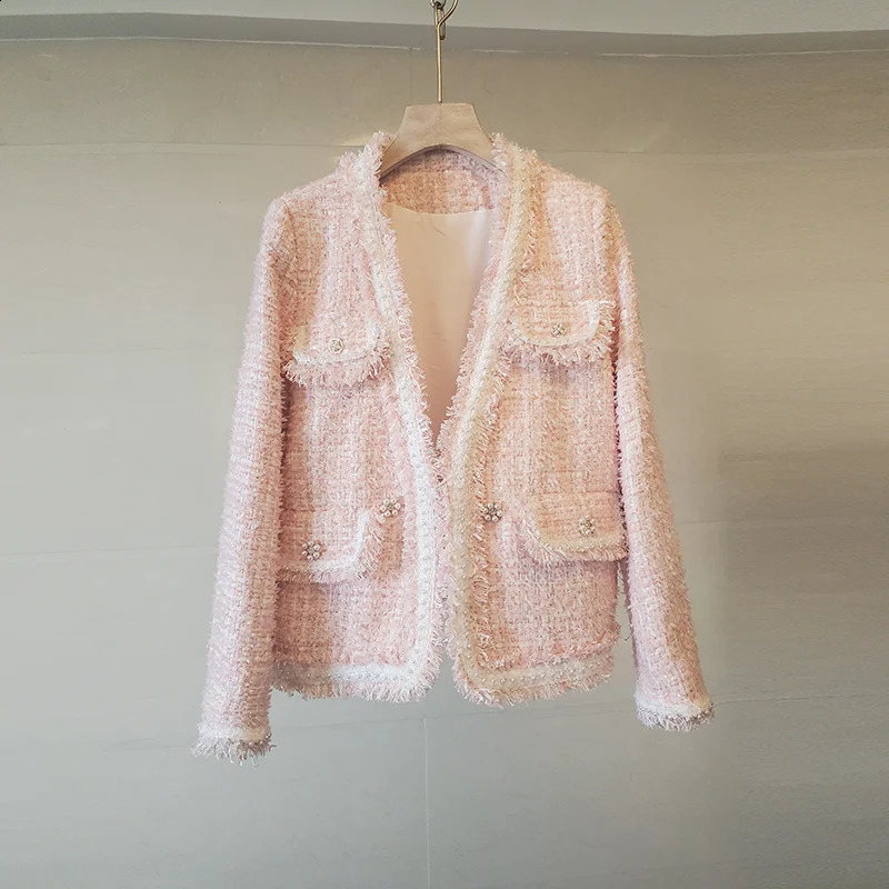 y French Small Fragrance Pink Jacket Women Autumn Fashionable Tassel Brushed Tweed White Coat Female Casaco Feminino K3079 240904