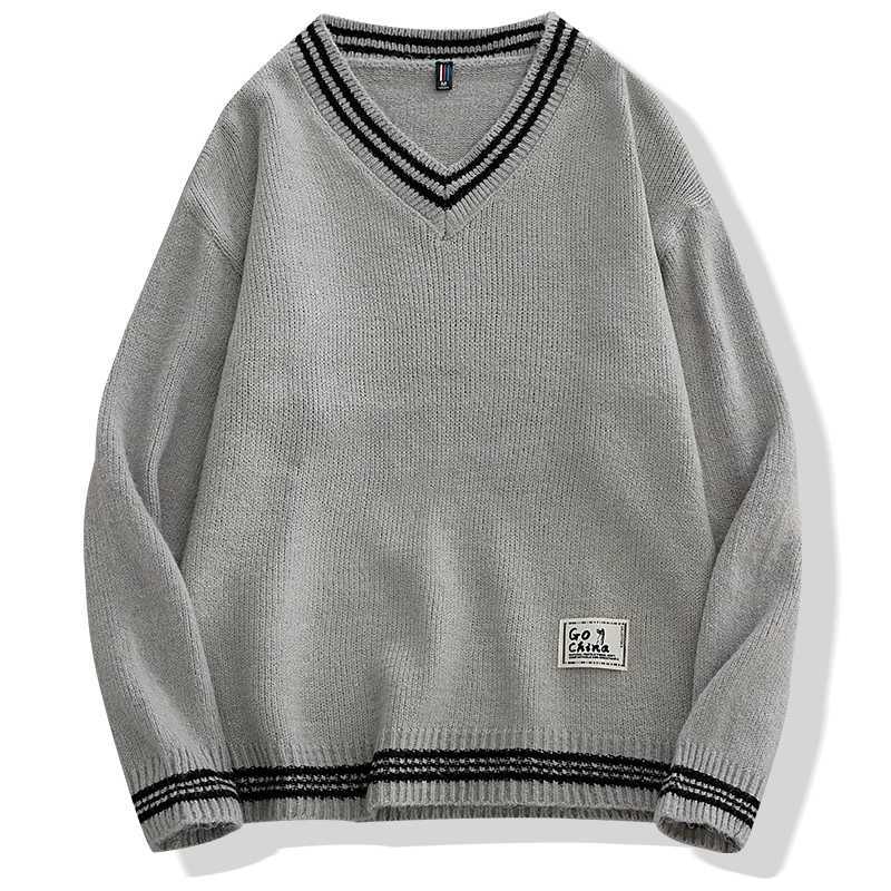Korean Popular Clothes Men Sweaters Solid Color V-neck Long sleeve Knitted Male Pullover Winter Fashion Warm Sweaters for Men Y240906