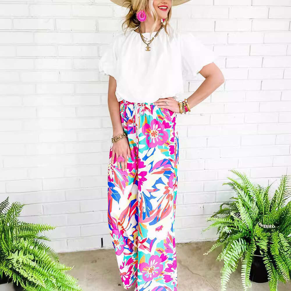 2024 Spring and Autumn New Flower Printed Wide Women, Casual Loose, Meat Covering Straight Leg Pants for Women