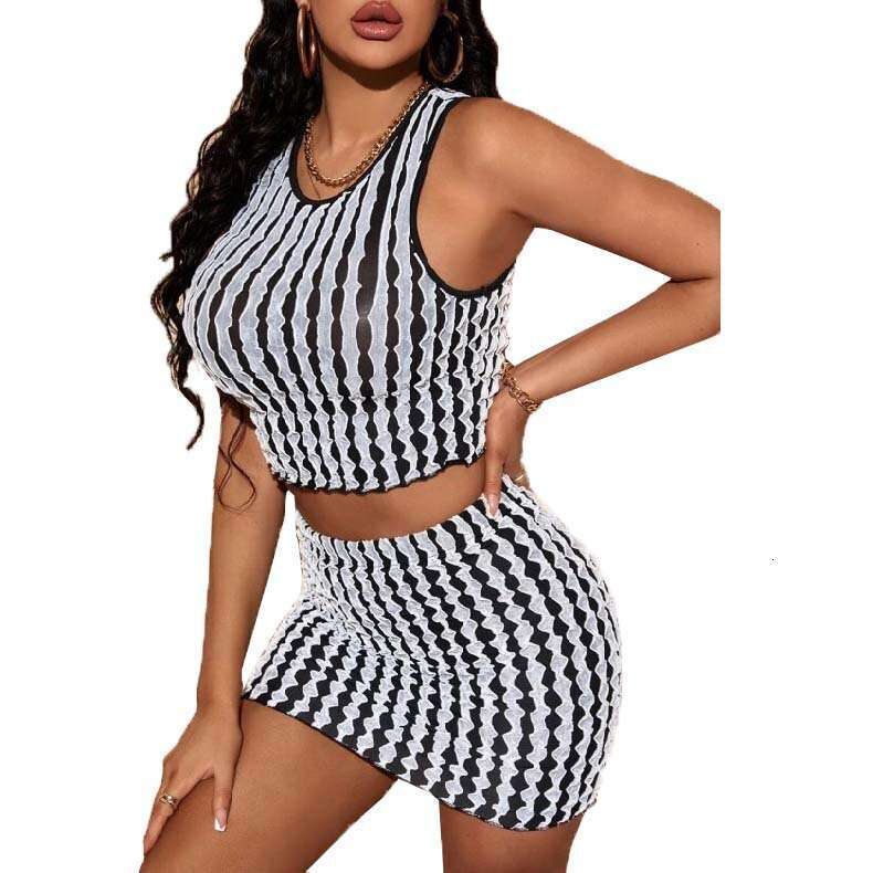 2024 Summer New Sexy Round Neck Slim Fit Small Tank Top High Waist Wrap Hip Tight Skirt Set
