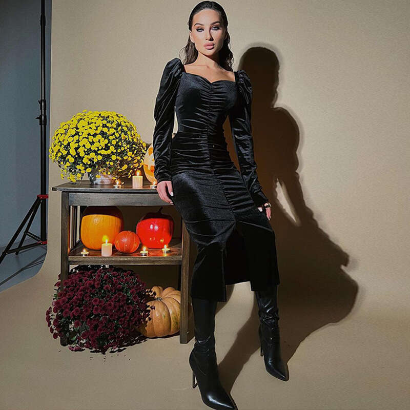 Women's 2023 Autumn New Fashion Style Pleated Slim Fit Split Long Sleeve Dress