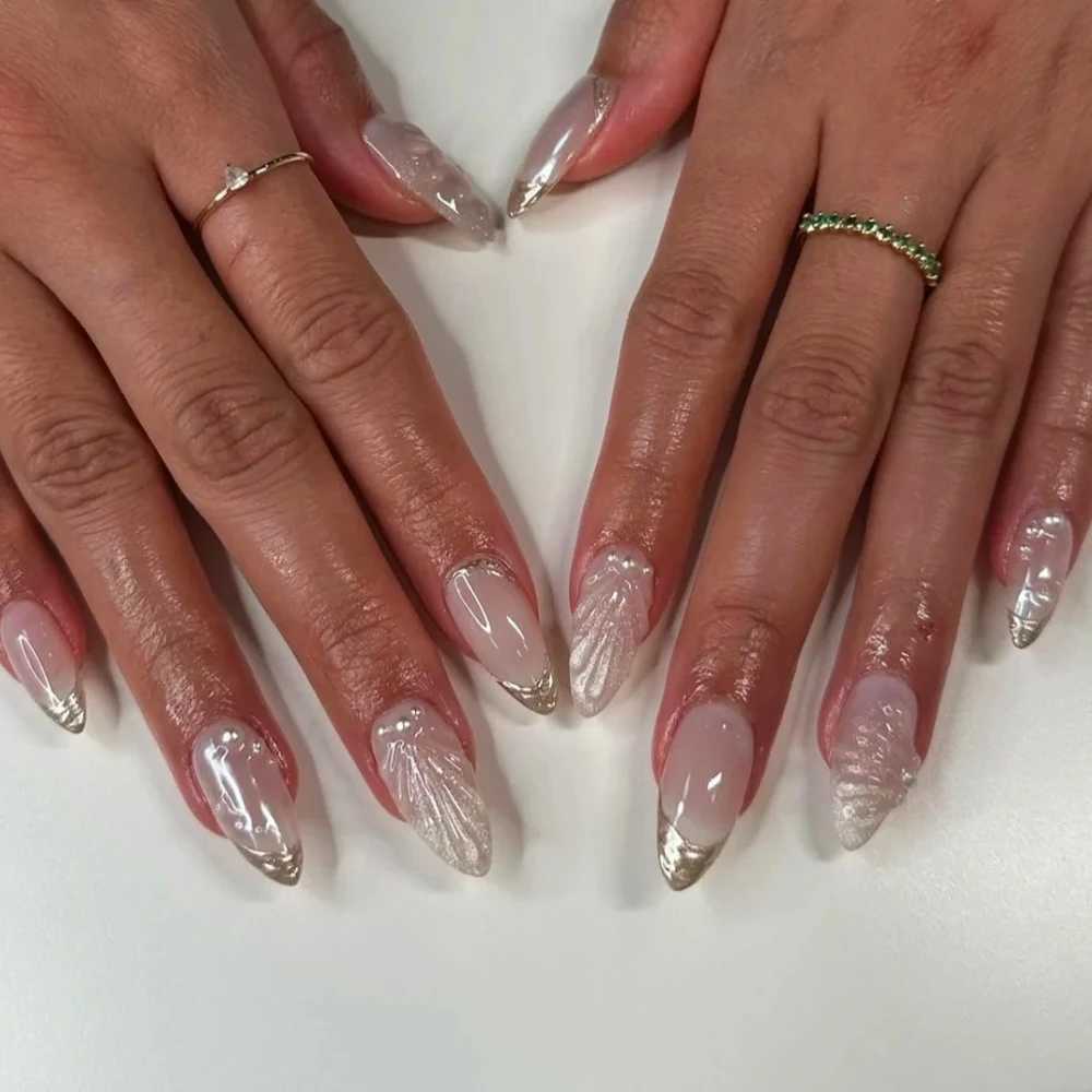 French 10pcs handmade almond fake nails 3D limited nail pressing finger shell design with adhesive nail file set W240905