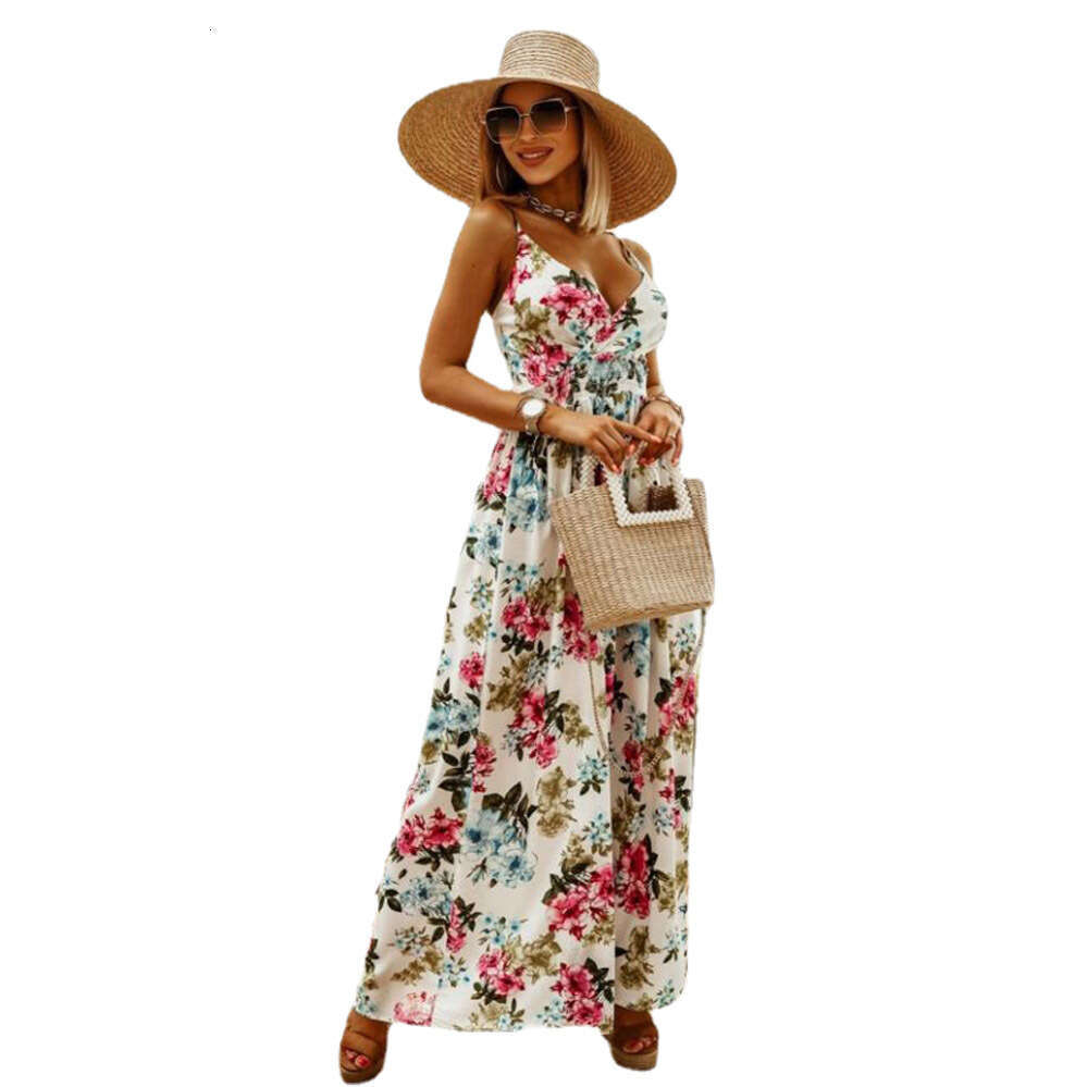 2023 Spring/Summer New V-neck Sleeveless Suspended Strap Printed Bohemian Long Dress