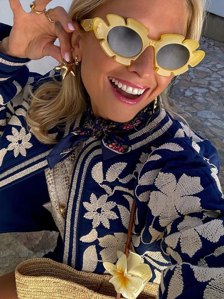 Floral print loose womens jacket casual long sleeved open top retro fashionable autumn 240902