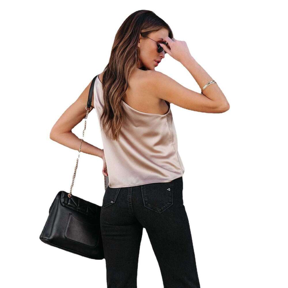 2024 Spring/Summer New Women's Short Sleeve Satin Shirt Loose Casual Round Neck Colored Ding Sling for Women