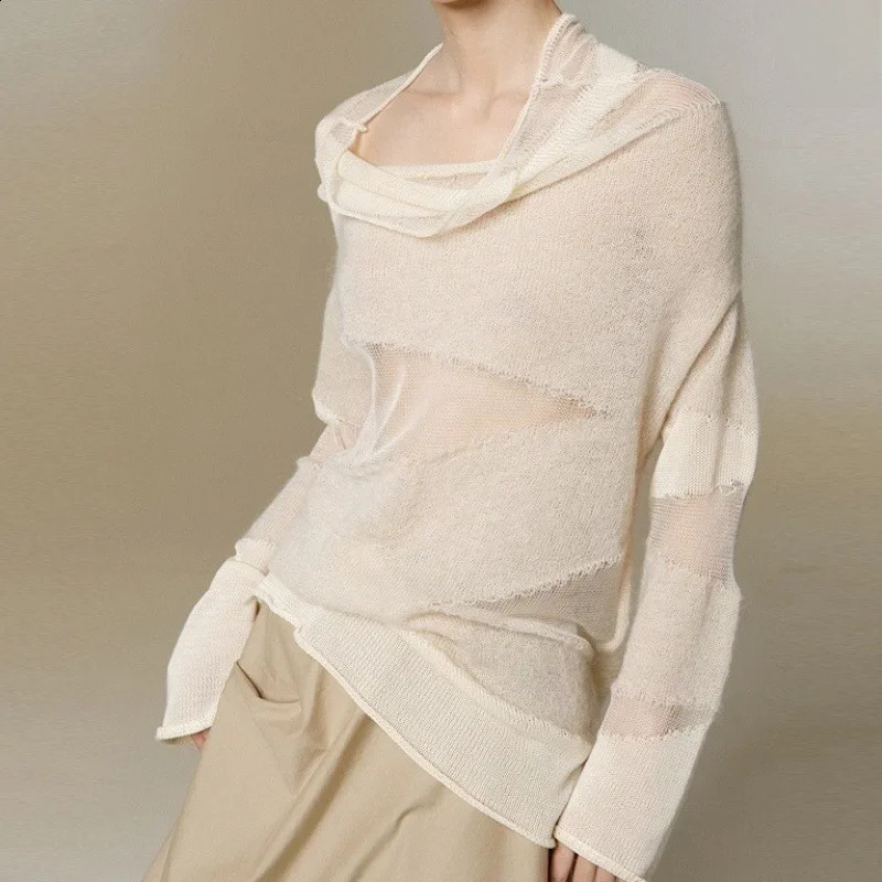 Spring/Autumn Mesh Patch Work High Neck Loose Hollow Knitted Womens Early Autumn Thin Sweater 240904