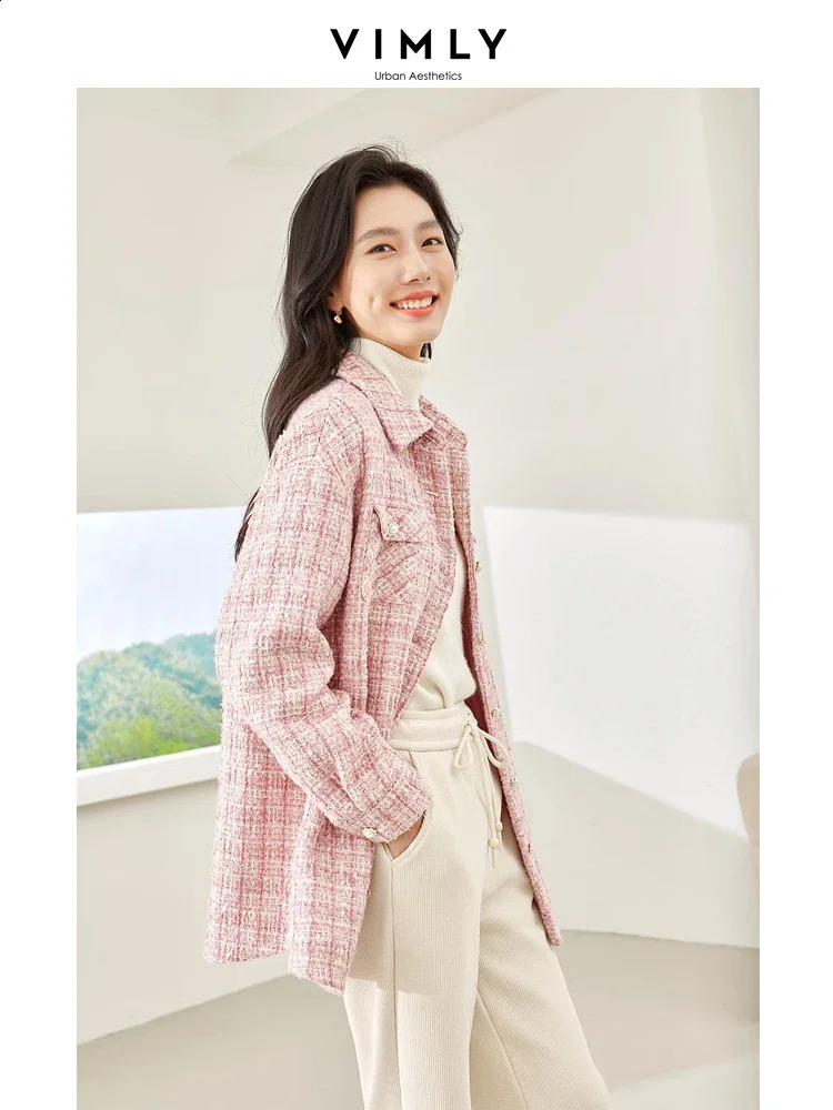 Vimly Winter Pink Tweed Quilted Jackets Women Straight Thick Single Breasted Long Sleeve Overshirts Female Clothing M3599 240904