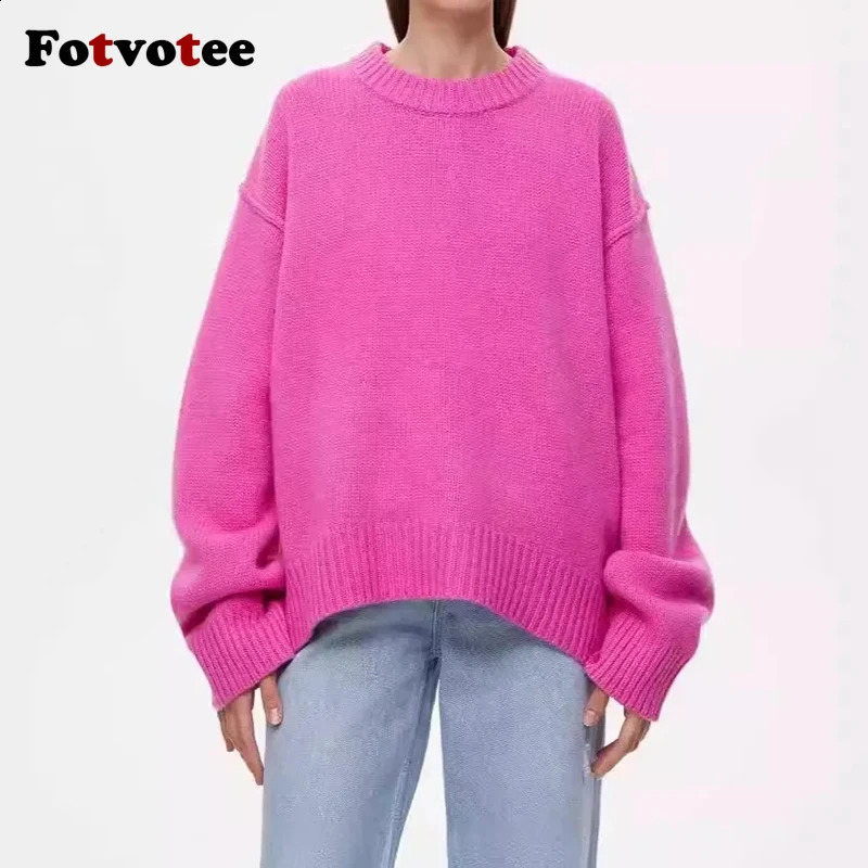 FOTVOTEE Womens Knitted ONeck Solid Casual Sweater Autumn Winter Fashion Long Sleeve Elastic Loose Jumper 240905