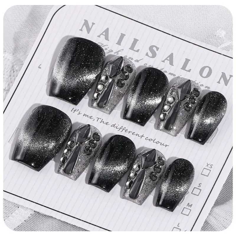 Full cat eyes fake nails short style hand woven nails displaying white and dark colors finished nail patches W240905