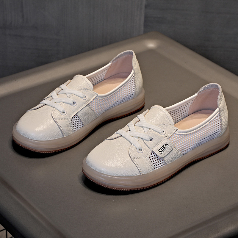 Head layer cowhide small white board shoes female breathable shallow mouth 2024 cow reinforced soft bottom anti-odour a stirrup single shoes female
