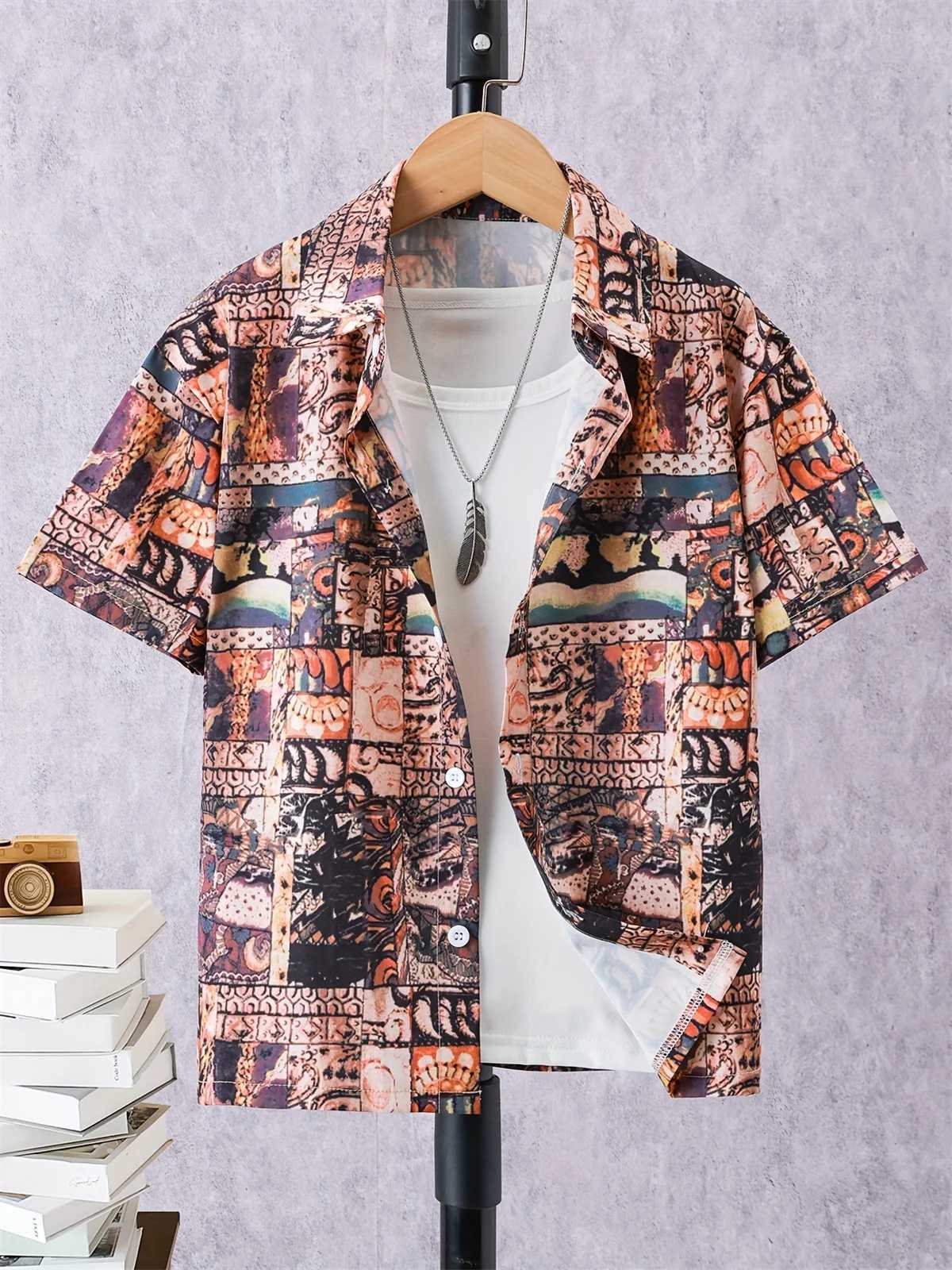 Childrens Shirt Boy Trendy Pattern Casual Boys Shirt Childrens Blouses Short Sleeve Tshirt Girl Turn-Down Outerwear Top Shirt Y240906