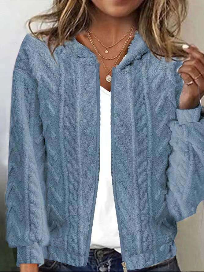 Women's 2024 Autumn/Winter New Comfortable and Casual Hooded Jacquard Long Sleeve Plush Coat