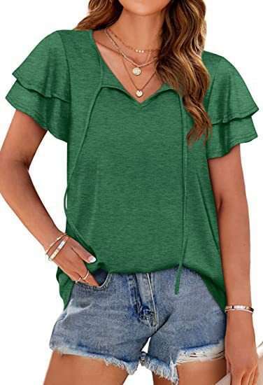 2024 TEMU Spring/Summer New V-neck Double Sleeve Lace up Casual T-shirt Women's Wear