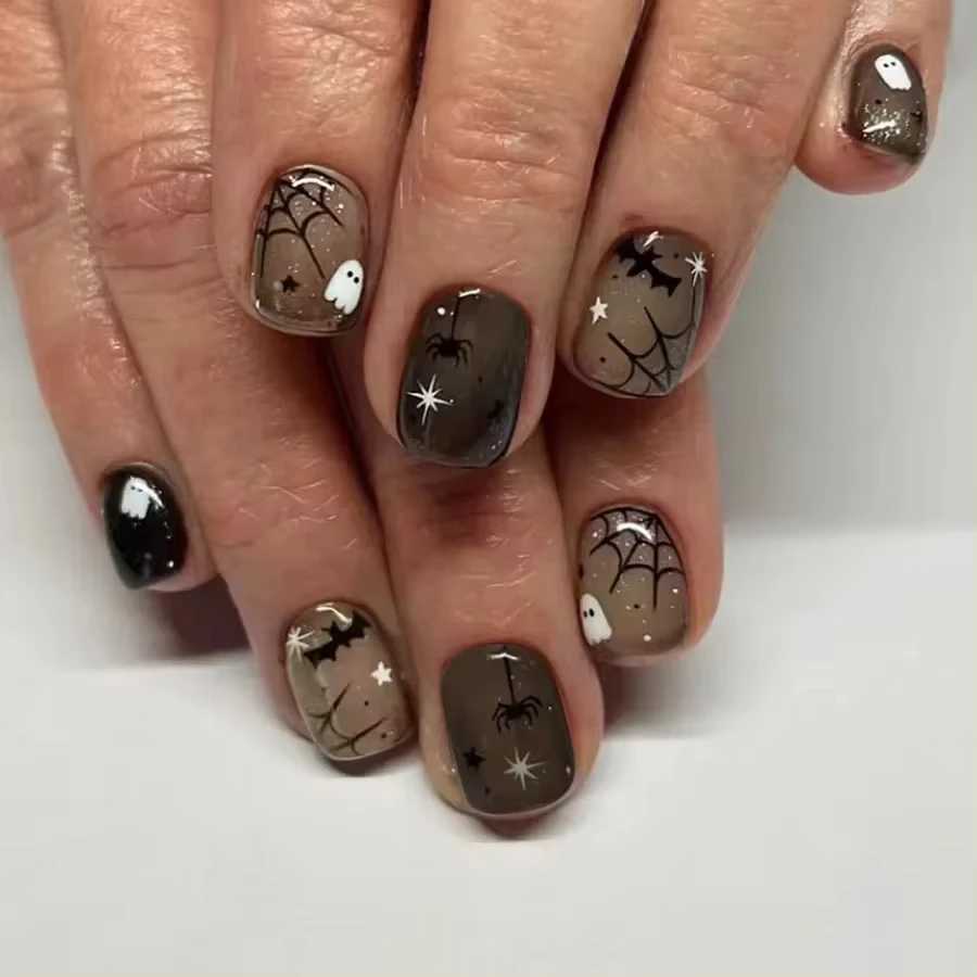 24 pieces/set Black Halloween Pressing Nail Pumpkin Ghost Cat Design Short Square Fake Nail Full Cover Acrylic Nail Tip W240905