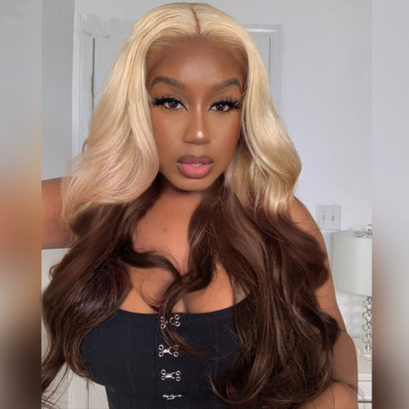 European and American wig women's front lace wig blonde gradient brown long curly hair medium split chemical fiber high temperature silk headpiec