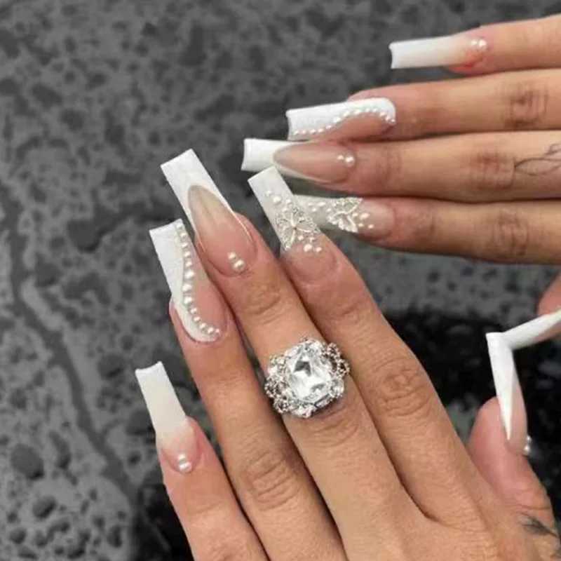 24 pieces of long ballet fake nails simple brown fake nails with diamond design on the nails wearable press complete set of ergonomic tips W240905