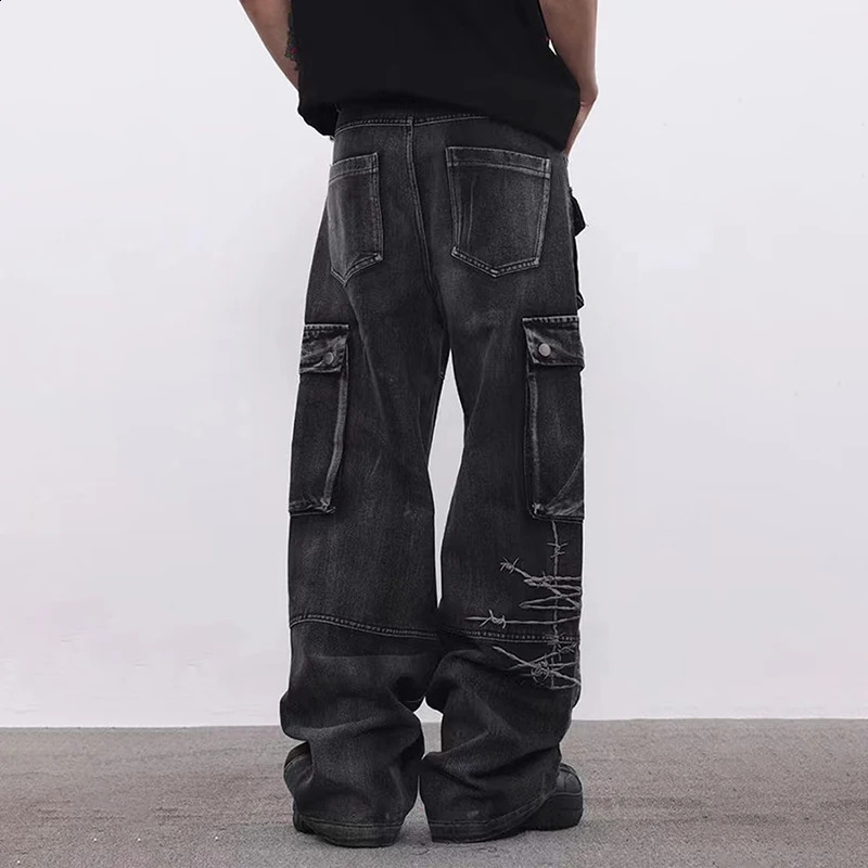 PFNW American Style Embroidery Jeans Mens High Street Cargo Pants Loose Wide Leg Denim Trousers Autumn Chic Trendy 28W4043 240903