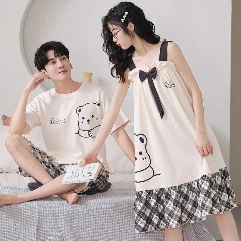 Summer Korean Couple Sleepwear Women Men Pajamas Set Cotton Pijama Suit Ladys Nightdress Round Neck Loose Lover Pyjama Night Y240906