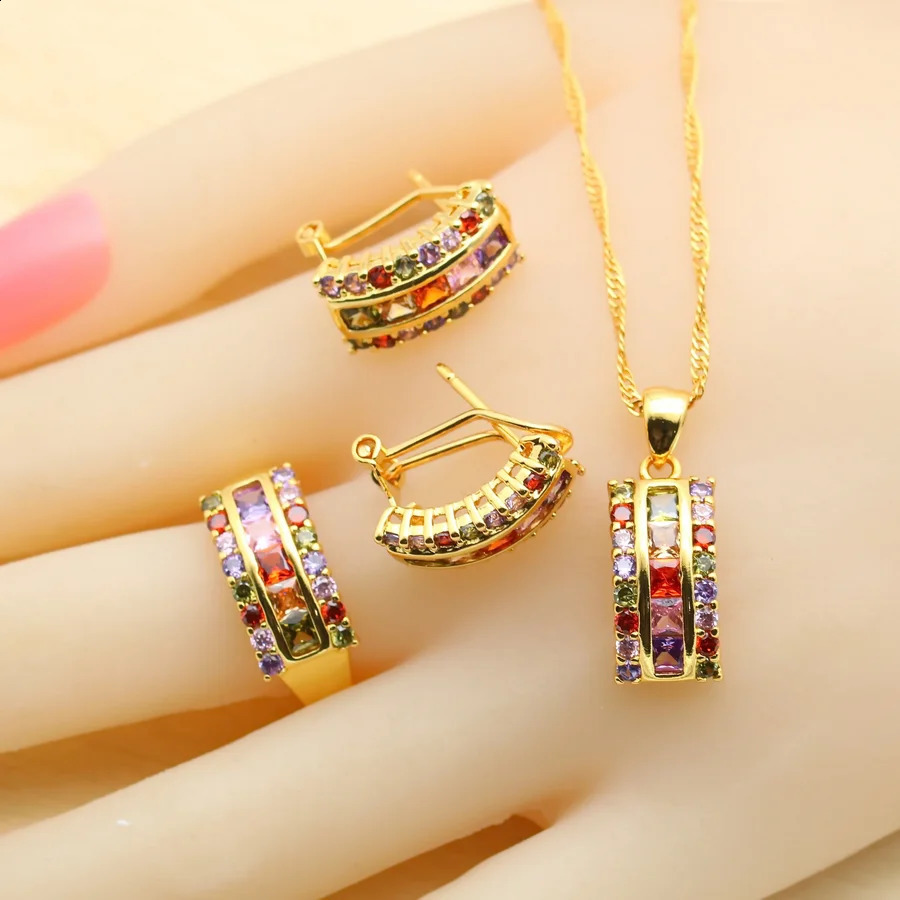 Square multi-color zirconia gold-plated jewelry set suitable for womens earrings necklaces rings birthday gifts 240906