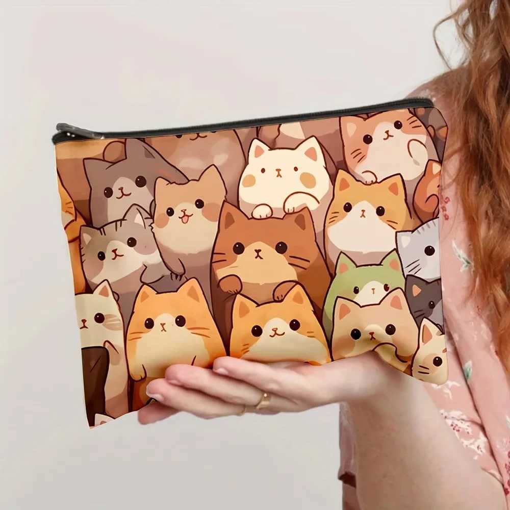 Fashion cartoon cat printed clutch bag portable zipper makeup bag linen fabric travel storage bag W240905
